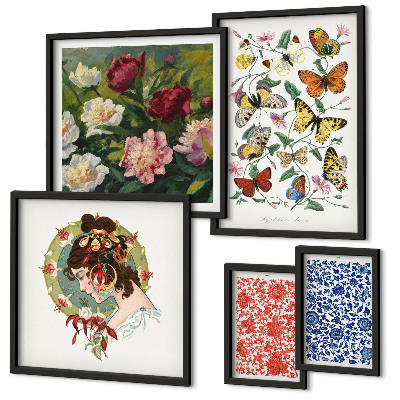 Tavelvägg med 5 tavlor Blommor fjärilar vintage dekorationer