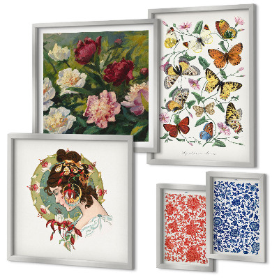 Tavelvägg med 5 tavlor Blommor fjärilar vintage dekorationer
