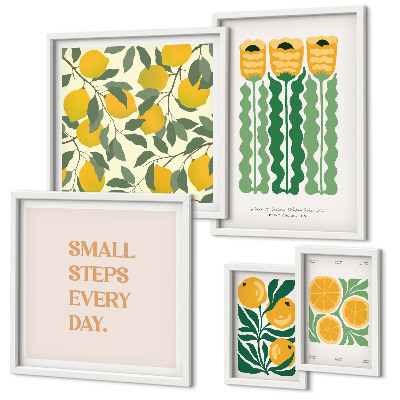 Tavelvägg med 5 tavlor Blommor citrus positiva slogans