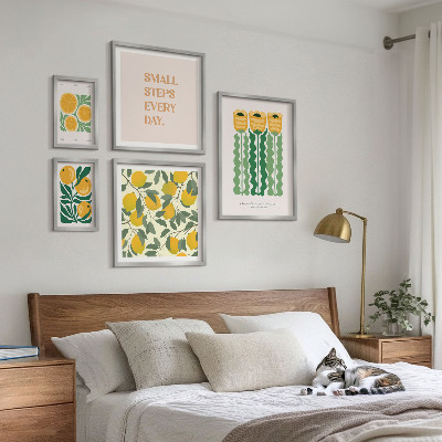 Tavelvägg med 5 tavlor Blommor citrus positiva slogans