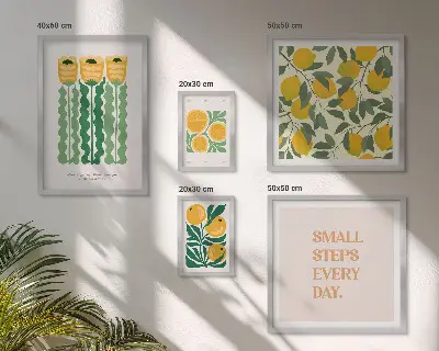Tavelvägg med 5 tavlor med motiv av blommor, citrusfrukter och positiva citat