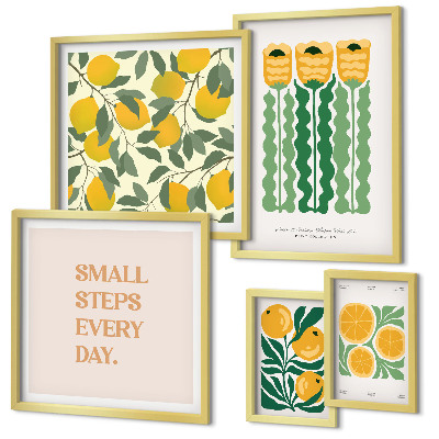 Tavelvägg med 5 tavlor Blommor citrus positiva slogans