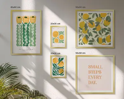 Tavelvägg med 5 tavlor med motiv av blommor, citrusfrukter och positiva citat