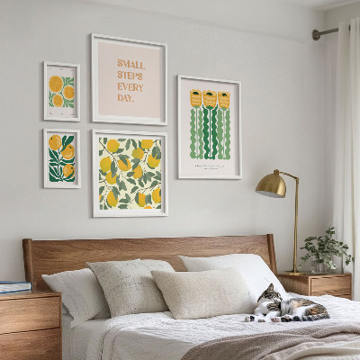 Tavelvägg med 5 tavlor Blommor citrus positiva slogans