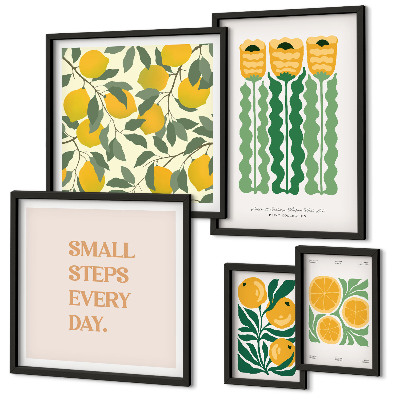 Tavelvägg med 5 tavlor Blommor citrus positiva slogans