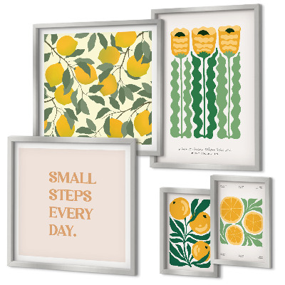 Tavelvägg med 5 tavlor Blommor citrus positiva slogans