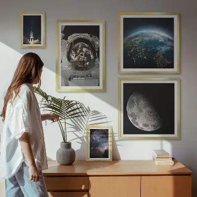 Väggdekoration tavelset med motiv av astronauternas rymdupptäckter