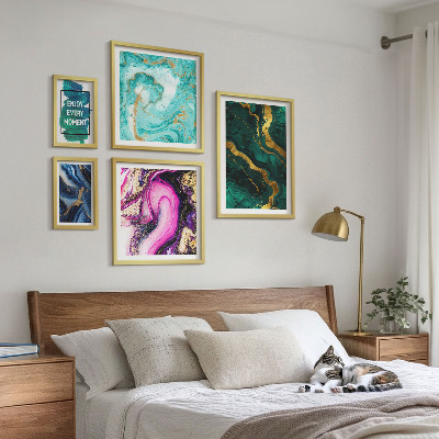 Tavelvägg med 5 tavlor Abstrakta mönster med grönt och lila