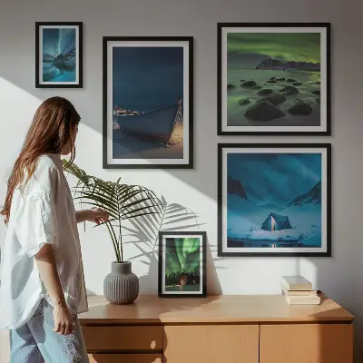 Väggdekoration tavelset med vinterlandskap och norrsken