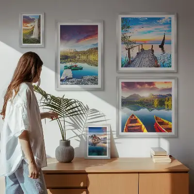 Väggdekoration tavelset med motiv av landskap med vattenfall och sjöar