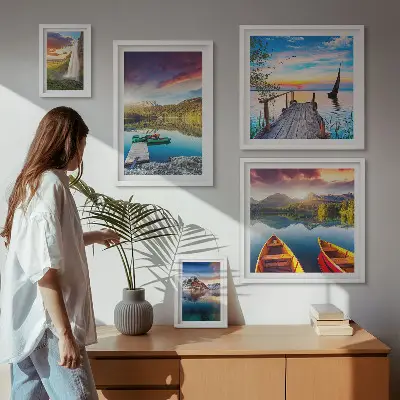 Väggdekoration tavelset med motiv av landskap med vattenfall och sjöar
