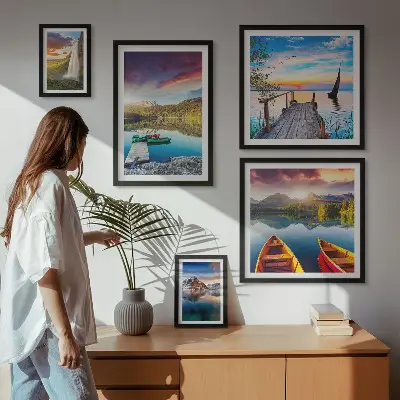 Väggdekoration tavelset med motiv av landskap med vattenfall och sjöar