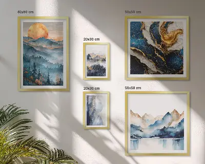 Tavelvägg med 5 tavlor motiv av bergslandskap västerut