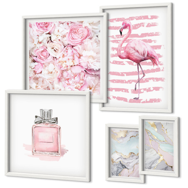 Väggdekoration tavelset Snygga rosa accenter med flamingoblommor