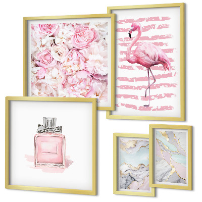 Väggdekoration tavelset Snygga rosa accenter med flamingoblommor