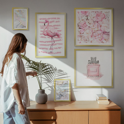 Väggdekoration tavelset Snygga rosa accenter med flamingoblommor