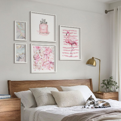 Väggdekoration tavelset Snygga rosa accenter med flamingoblommor