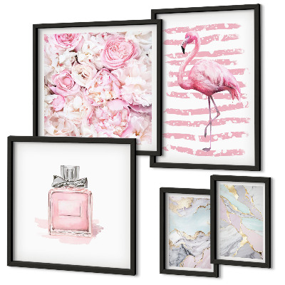Väggdekoration tavelset Snygga rosa accenter med flamingoblommor