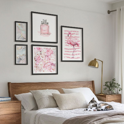 Väggdekoration tavelset Snygga rosa accenter med flamingoblommor