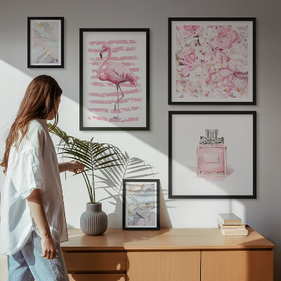 Väggdekoration tavelset Snygga rosa accenter med flamingoblommor