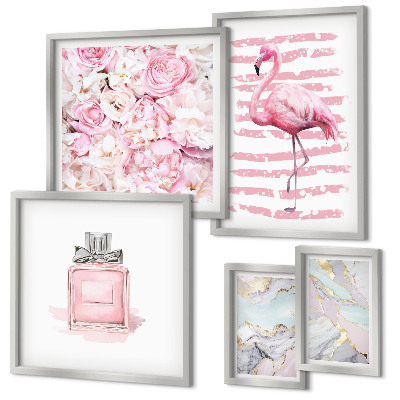 Väggdekoration tavelset Snygga rosa accenter med flamingoblommor