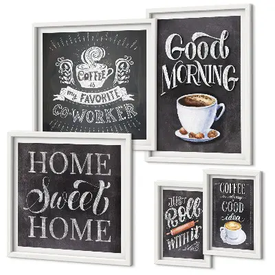 Tavelvägg med 5 tavlor med motiv av rustikt kaffe