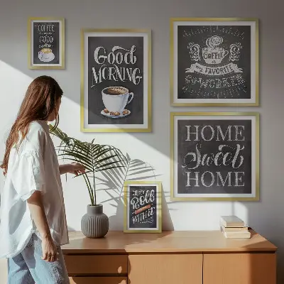 Tavelvägg med 5 tavlor med motiv av rustikt kaffe