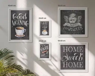 Tavelvägg med 5 tavlor med motiv av rustikt kaffe