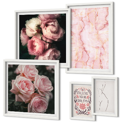 Tavelvägg med 5 tavlor Rosa blommor i boho-stil
