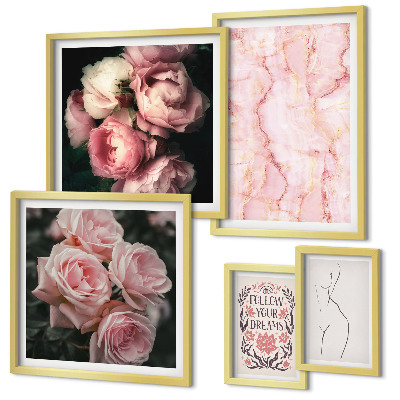 Tavelvägg med 5 tavlor Rosa blommor i boho-stil