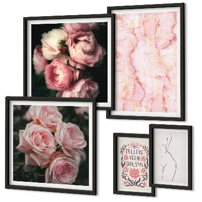Tavelvägg med 5 tavlor Rosa blommor i boho-stil