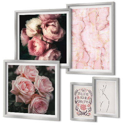 Tavelvägg med 5 tavlor Rosa blommor i boho-stil
