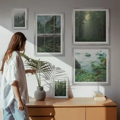 Tavelvägg med 5 tavlor med motiv av gröna landskap, skogar och vegetation