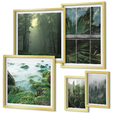 Tavelvägg med 5 tavlor med motiv av gröna landskap, skogar och vegetation