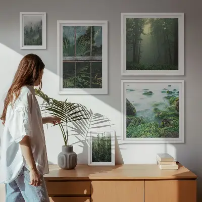 Tavelvägg med 5 tavlor med motiv av gröna landskap, skogar och vegetation