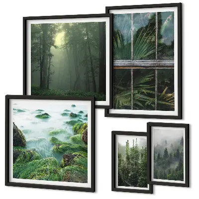 Tavelvägg med 5 tavlor med motiv av gröna landskap, skogar och vegetation