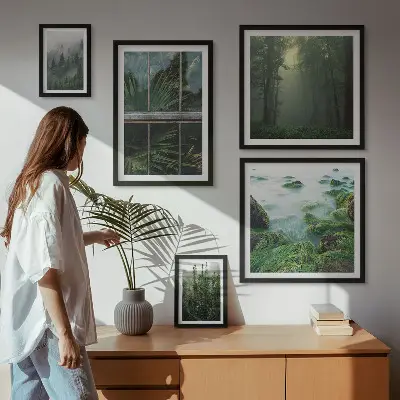 Tavelvägg med 5 tavlor med motiv av gröna landskap, skogar och vegetation