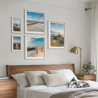 Väggdekoration tavelset med motiv av fyrar och stränder vid havet