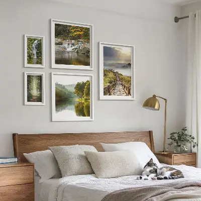 Tavelvägg med 5 tavlor med motiv av naturlandskap, vattenfall och skogsstigar