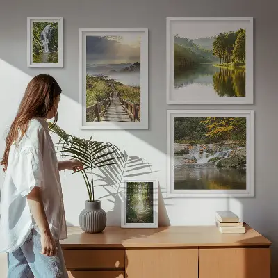 Tavelvägg med 5 tavlor med motiv av naturlandskap, vattenfall och skogsstigar