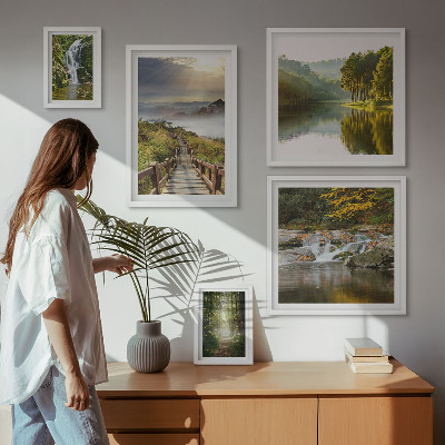 Tavelvägg med 5 tavlor Naturlandskap vattenfall skogsstigar