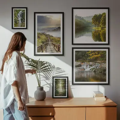 Tavelvägg med 5 tavlor med motiv av naturlandskap, vattenfall och skogsstigar