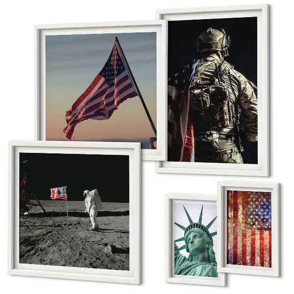 Tavelvägg med 5 tavlor med motiv av amerikansk symbolik i historien