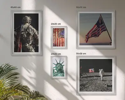 Tavelvägg med 5 tavlor med motiv av amerikansk symbolik i historien