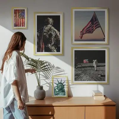 Tavelvägg med 5 tavlor med motiv av amerikansk symbolik i historien