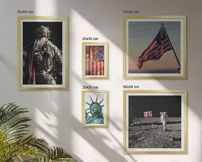 Tavelvägg med 5 tavlor med motiv av amerikansk symbolik i historien