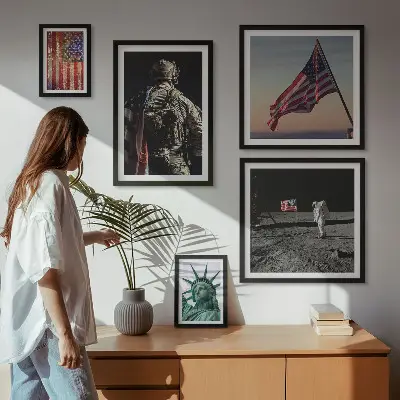 Tavelvägg med 5 tavlor med motiv av amerikansk symbolik i historien