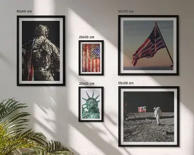 Tavelvägg med 5 tavlor med motiv av amerikansk symbolik i historien