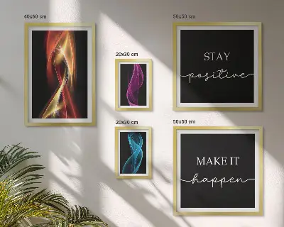 Tavelvägg med 5 tavlor med motiv av citat, ljusmönster och inspiration
