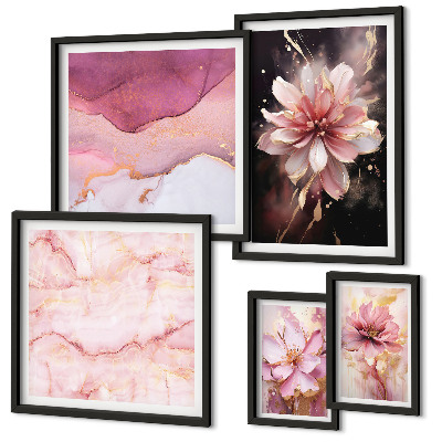 Tavelvägg med 5 tavlor Rosa blomsterarrangemang